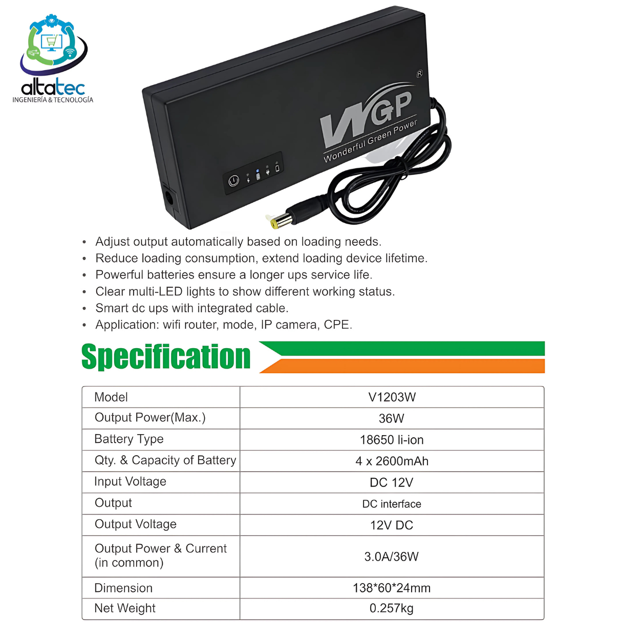MINI UPS WGP V1203W DE 10400MAH PARA ROUTER DE 12V (1A - 1.5A - 2A -2.5A - 3A (Nueva versión)
